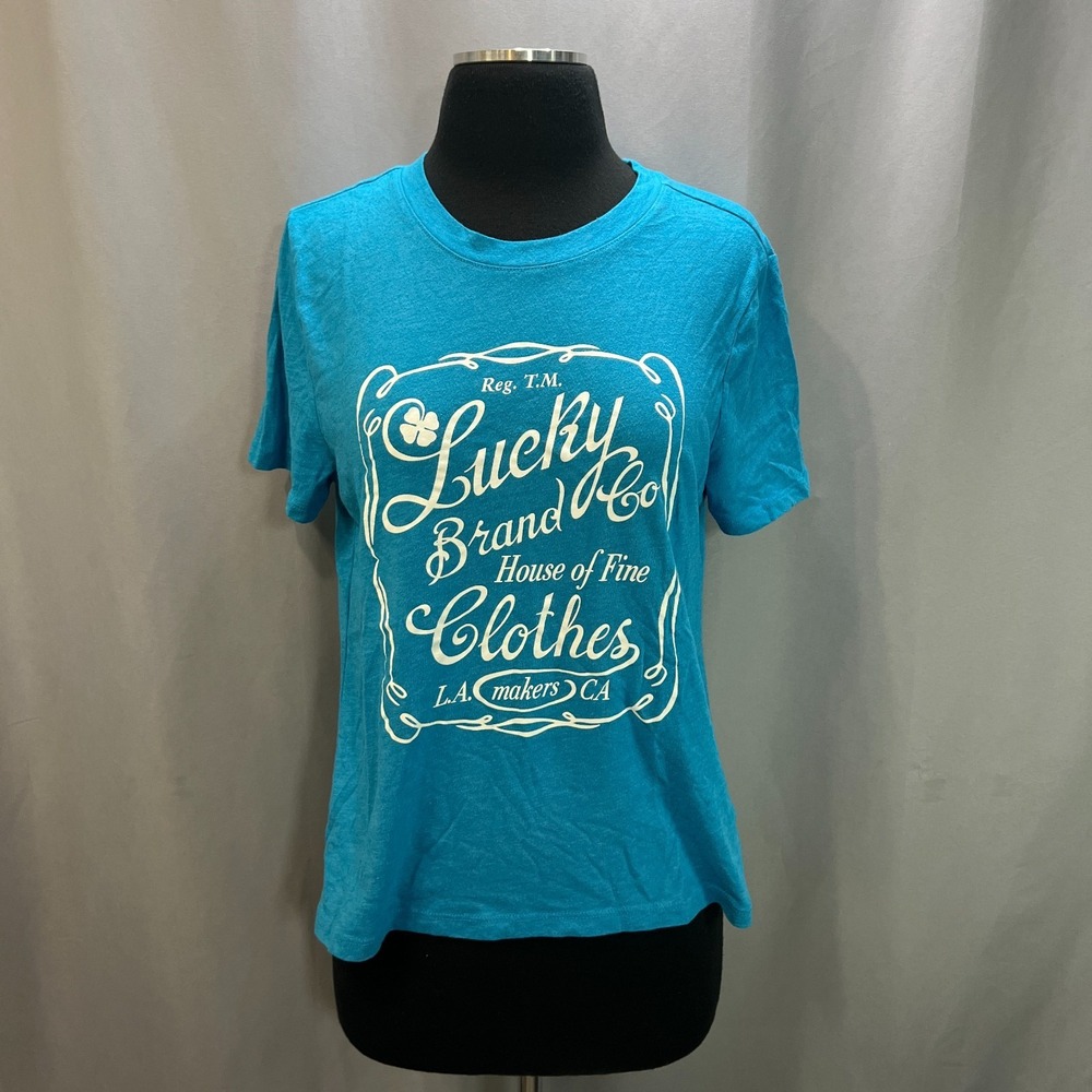 Lucky Brand T Shirt Womens Medium Blue White Graphic Print Cotton Everyday Wear